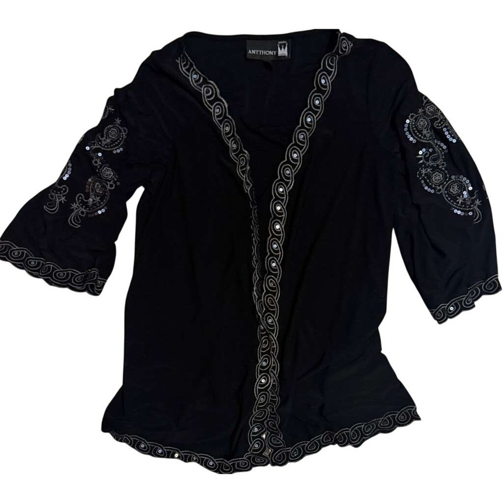 Antthony Originals Womens Black Embroidered Sequin Open Front Cardigan Size M